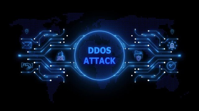 Digital world map with glowing blue circuits and DDOS ATACK text in a central circle ddos attack