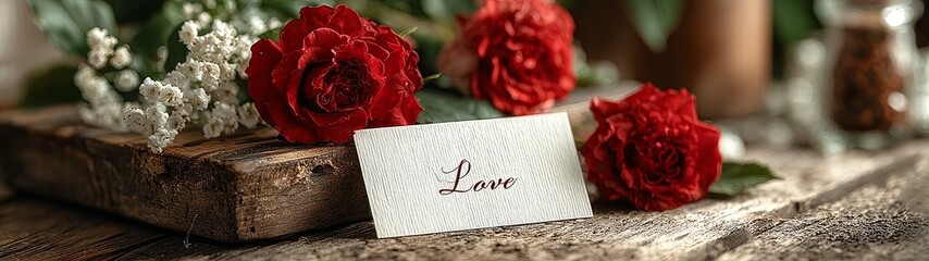 Romantic red roses and blank card for love message rustic wooden setting valentine's day banner wedding greeting