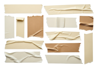 Collection of torn and wrinkled adhesive tape strips transparent background cutout png
