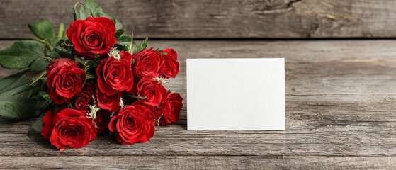 Romantic still life of red roses and black card for valentine's day banner love message in a rustic background
