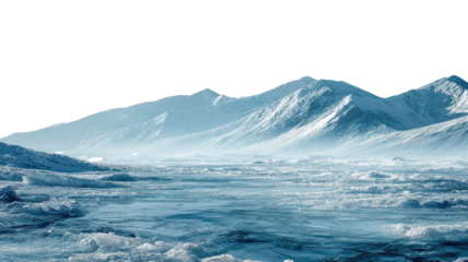 Blue and white iceberg floating on the cold sea with snow on distant mountains under a bright sky representing a frozen winter landscape of nature