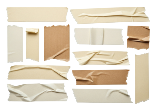Collection of torn and wrinkled adhesive tape strips transparent background cutout png