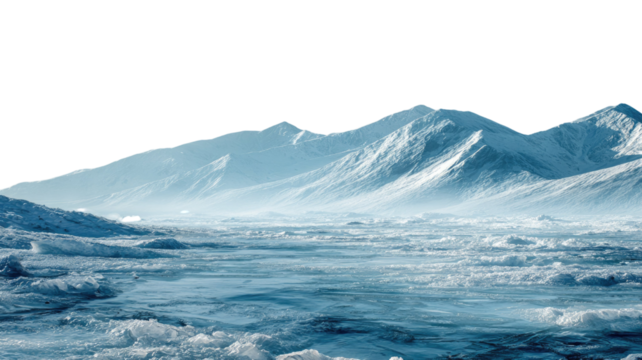 Blue and white iceberg floating on the cold sea with snow on distant mountains under a bright sky representing a frozen winter landscape of nature