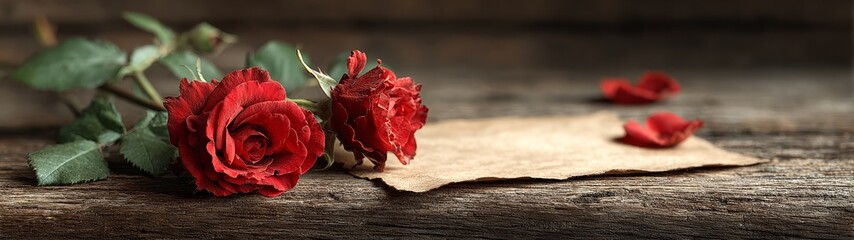 Red roses and love note on rustic background romantic still life for valentine's day wedding greeting love message