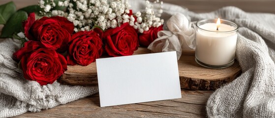 Romantic still life with red roses and black card valentine concept wedding greeting love message cozy background