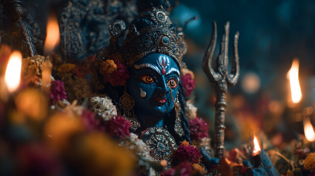 Close up of goddess kali statue adorned with flowers and lit candles in a temple setting