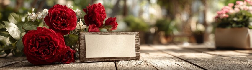 Romantic still life of red roses and black card with love message valentine concept wedding greeting in a romantic background
