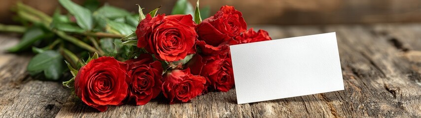Romantic still life of red roses and black card in rustic setting valentine's day banner with love message