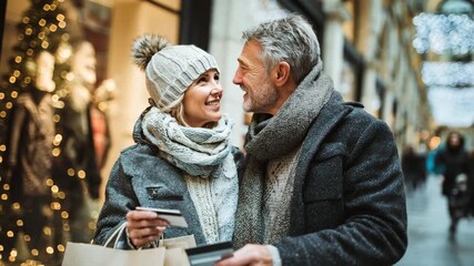 Happy Mature Couple Shopping with Credit Cards During Holiday Season - Powered by Adobe