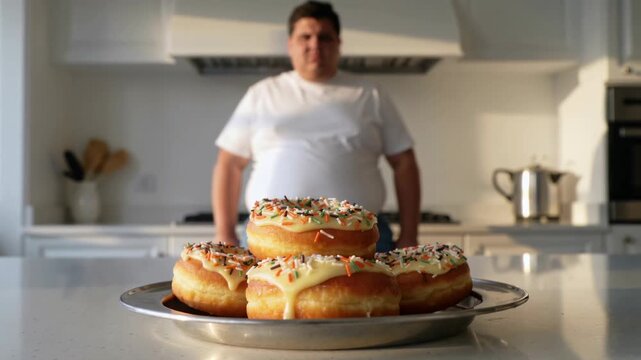 Fat and obese man wearing a white t shirt breathing heavily and looking sad as he looks at a plate of donuts from a white kitchen background for his health and diet