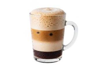 Refreshing layered iced coffee with foamy top, perfect for cafe menus and summer promotions.