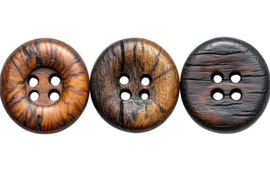 Three wooden buttons with texture design sewing materials craft supplies vintage rustic brown dark