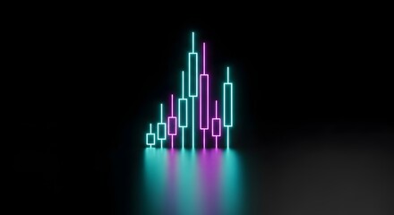 Abstract neon candlestick chart illustrating financial market growth and investment trends.