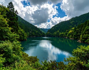 Serene mountain lake reflecting a dramatic sky
