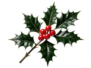 A high-resolution, photorealistic studio photograph of a vibrant Holly Branch with glossy, spiky dark green leaves and a cluster of bright red berries.