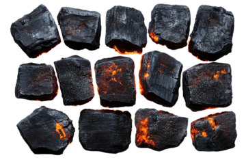 Ignited charcoal embers glowing on dark background Intense barbeque heat fuel for outdoor cooking