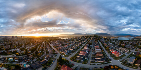 Sunset Over Suburban Burnaby Aerial Cityscape Over Vancouver Area at Dusk During Golden Hour Light