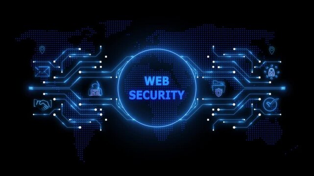 Digital world map with glowing blue circuits and WEB SECURITY text in a central circle web security