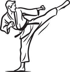 Martial arts practitioner performing a dynamic side kick in a striking silhouette out line vector pose on a white background