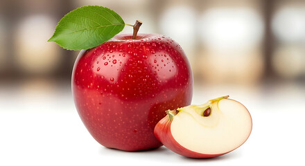 Juicy red apple with a bite taken out and a leaf