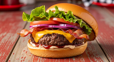 Juicy bacon cheeseburger with fresh lettuce and tomato