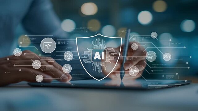 Businessman touching digital tablet with holographic AI shield icon cybersecurity protection concept data encryption technology AI security system online