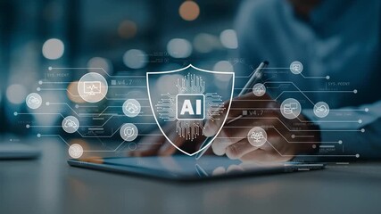 Marketing strategy and digital advertising concept. Businessman writing on tablet. Shield icons AI, SEO, targeting and analytics for optimizing campaign performance and increasing customer engagement - Powered by Adobe