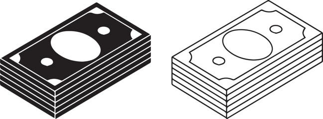 Isometric stack of money icon set black and outline versions currency financial graphic resource