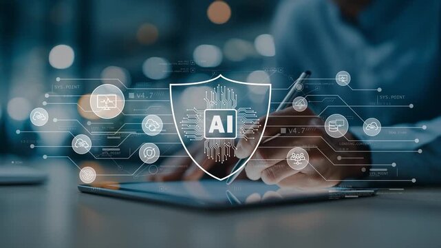 Marketing strategy and digital advertising concept. Businessman writing on tablet. Shield icons AI, SEO, targeting and analytics for optimizing campaign performance and increasing customer engagement 