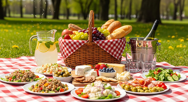 Abundant summer picnic feast laid out on a red and white checked blanket - Powered by Adobe
