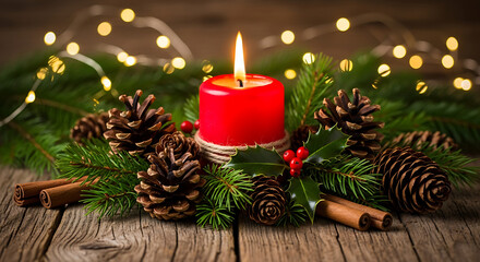 Warm christmas candlelight surrounded by pinecones and garland