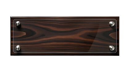 Blank rectangular clear glass sign secured by metallic standoffs attached on a polished dark brown wooden backing, isolated on white background