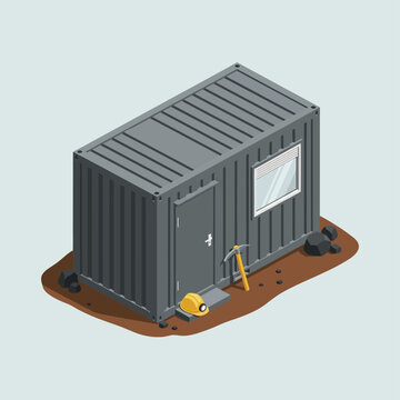 Isometric view of a gray shipping container with a door and window.