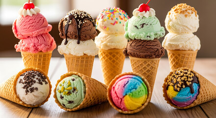 Assortment of delicious ice cream cones and cups