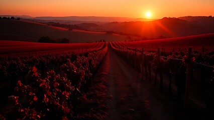 Fototapeta premium tuscan. Tuscan vineyard at sunset with long shadows and rolling hills. inspiring travel planning, travel magazines, designed for travel destination branding, inspires travel planning.