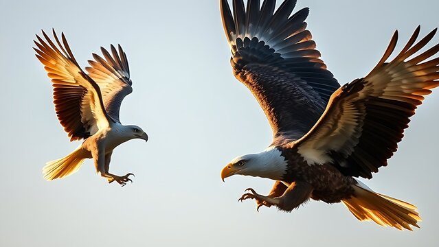 intercept. Eagle diving with claws extended to intercept a bird, golden hour lighting. wildlife magazines, conservation campaigns, designed for nature documentaries and education.