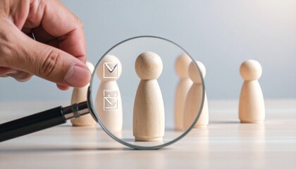 Magnifying glass focusing on wooden figures symbolizing candidate selection and recruitment.
