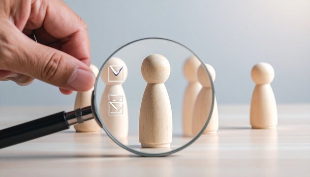 Magnifying glass focusing on wooden figures symbolizing candidate selection and recruitment.