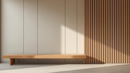 Cabinet wooden japandi design on living room muji style empty wall background.