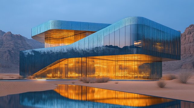 Modern glass house in desert - Powered by Adobe