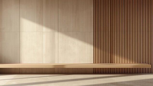Cabinet wooden japandi design on living room muji style empty wall background.