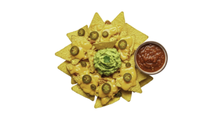 Delicious Nachos with Salsa Guacamole and Jalapenos on a Gold Background