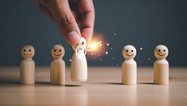 Hand lifting glowing smiley figurine from row, evoking standout recognition, joyful achievement, and personal elevation.