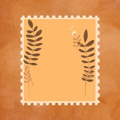 illustration of a brown postage stamp-shaped frame with floral ornaments