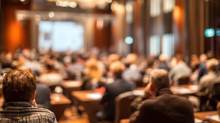 Obraz premium Corporate Seminar Blur: A blurred background of a corporate seminar or training session in a conference hall, with attendees. High quality