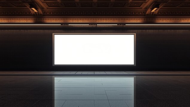 Horizontal blank advertising banners posters mockup in underground tunnel walkway; out-of-home OOH media display space, lightbox; 12 sheet template