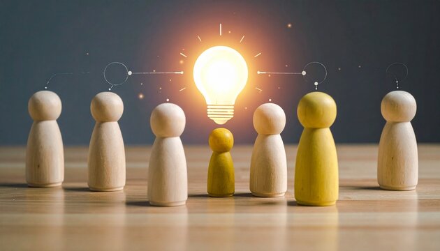 Yellow figurine under glowing bulb with network icons, evoking standout creativity, leadership, and idea flow within a group.
