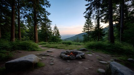 Scenic forest clearing with a glowing campfire at twilight overlooking a peaceful valley and hills under a soft sky