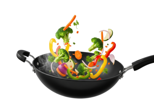 Stir fry vegetables in a wok transparent background cutout png