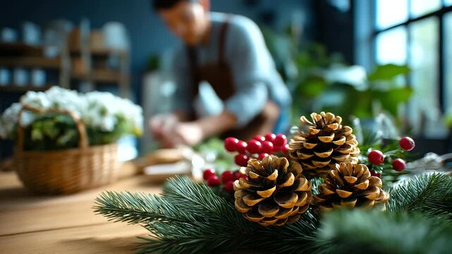 Close-up of pine cones and holly berries in focus, while a blurred figure arranges decorations on the table behind, natural light, with copy space.